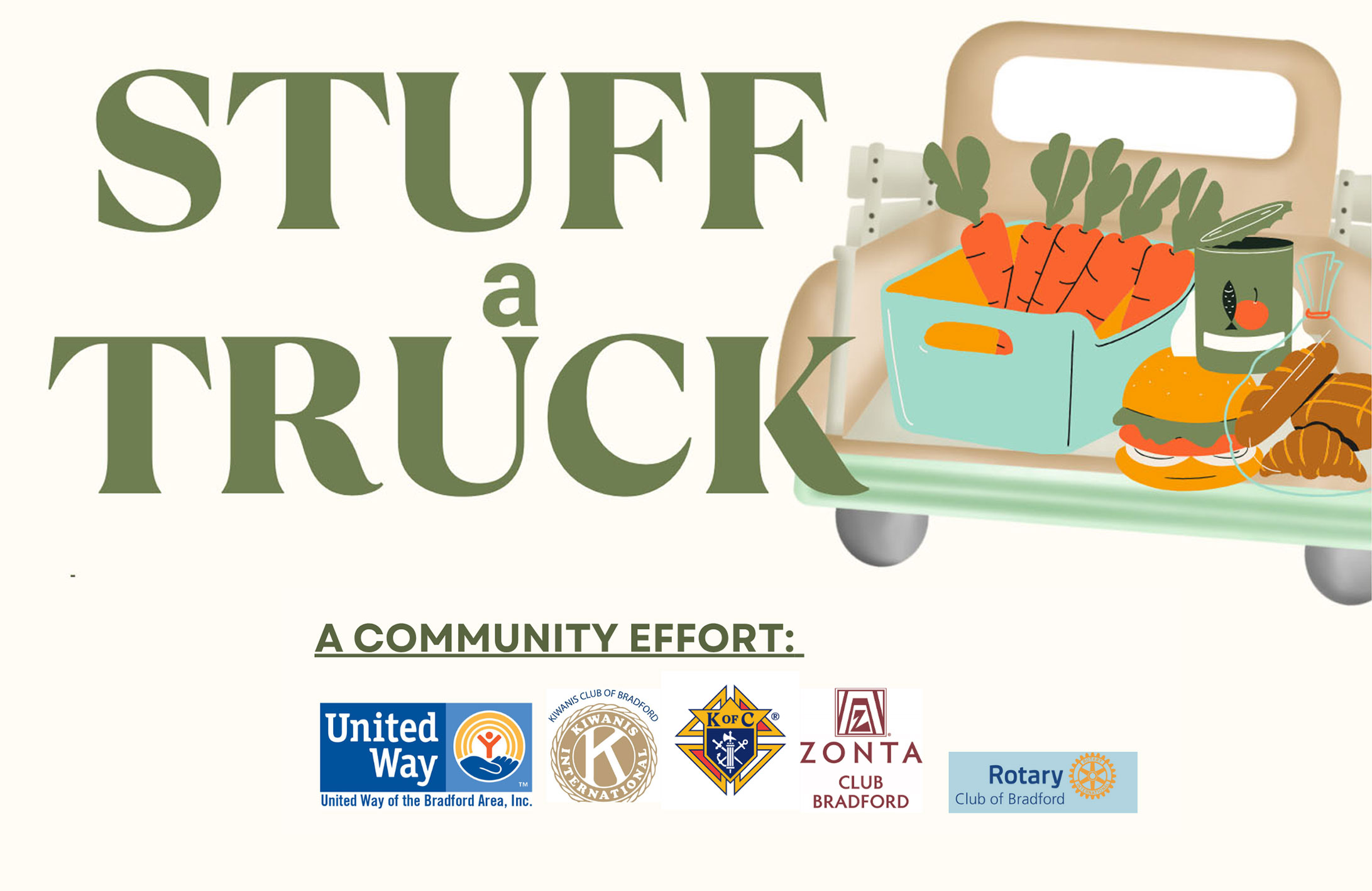 Graphic image of a Truck full of food. Text: Stuff-a-Truck | Bradford Stuff-a-Truck Food Drive | Kiwanis Club of Bradford
