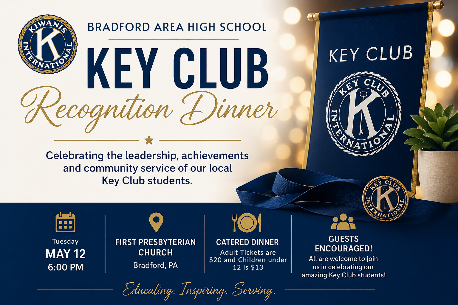A graphic with a ribbon with the logo for Key Club International and promoting the Bradford Area High School Key Club Recognition Dinner | Kiwanis Key Club Recognition Dinner in Bradford, PA | Kiwanis Club of Bradford